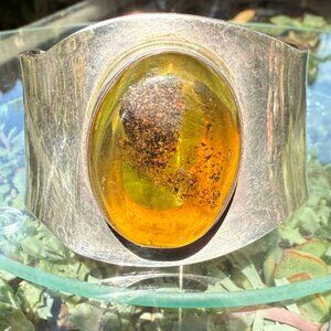 Cuff Bracelet Large Amber Stone Sterling Silver Mexico